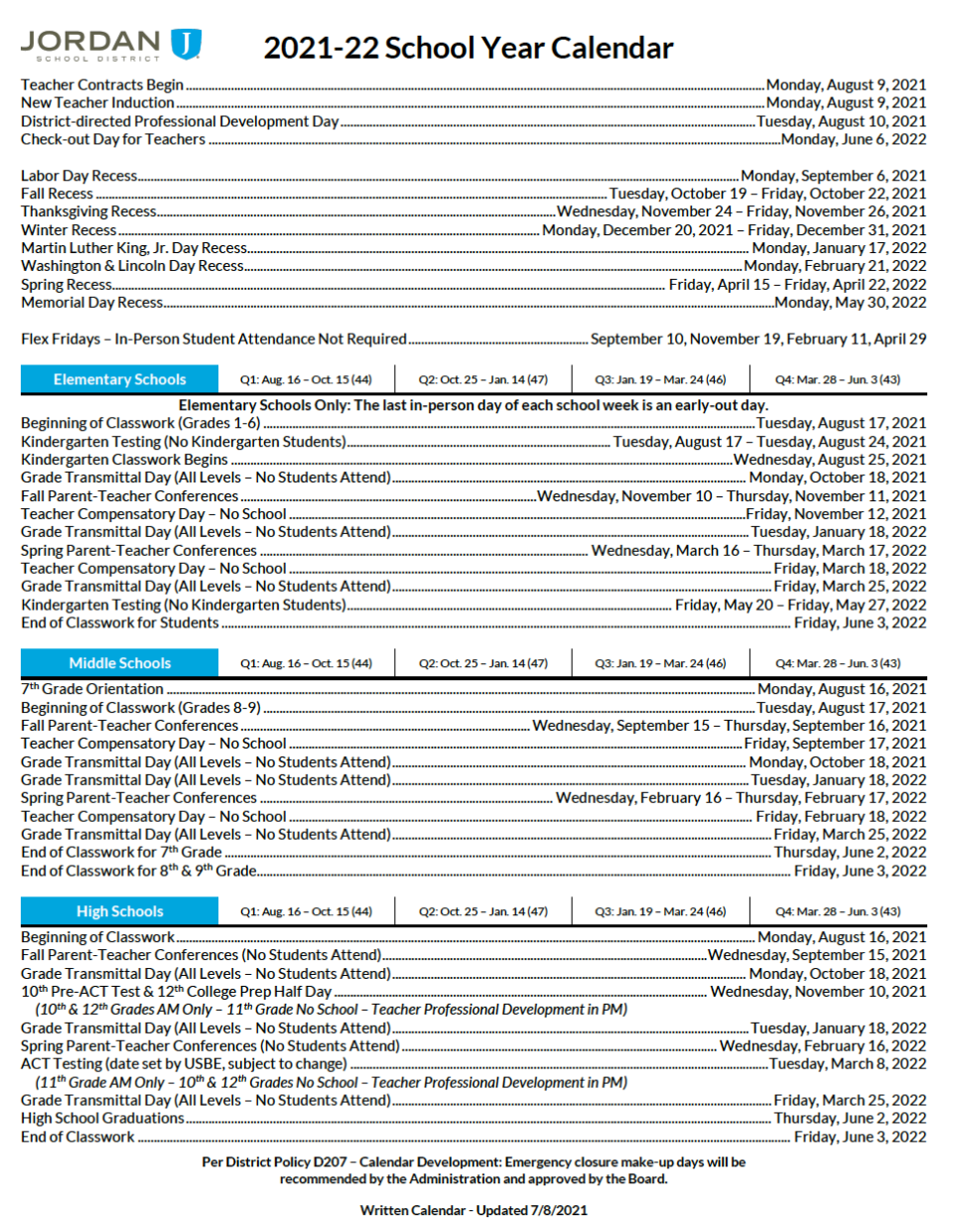 Calendars South Jordan Elementary